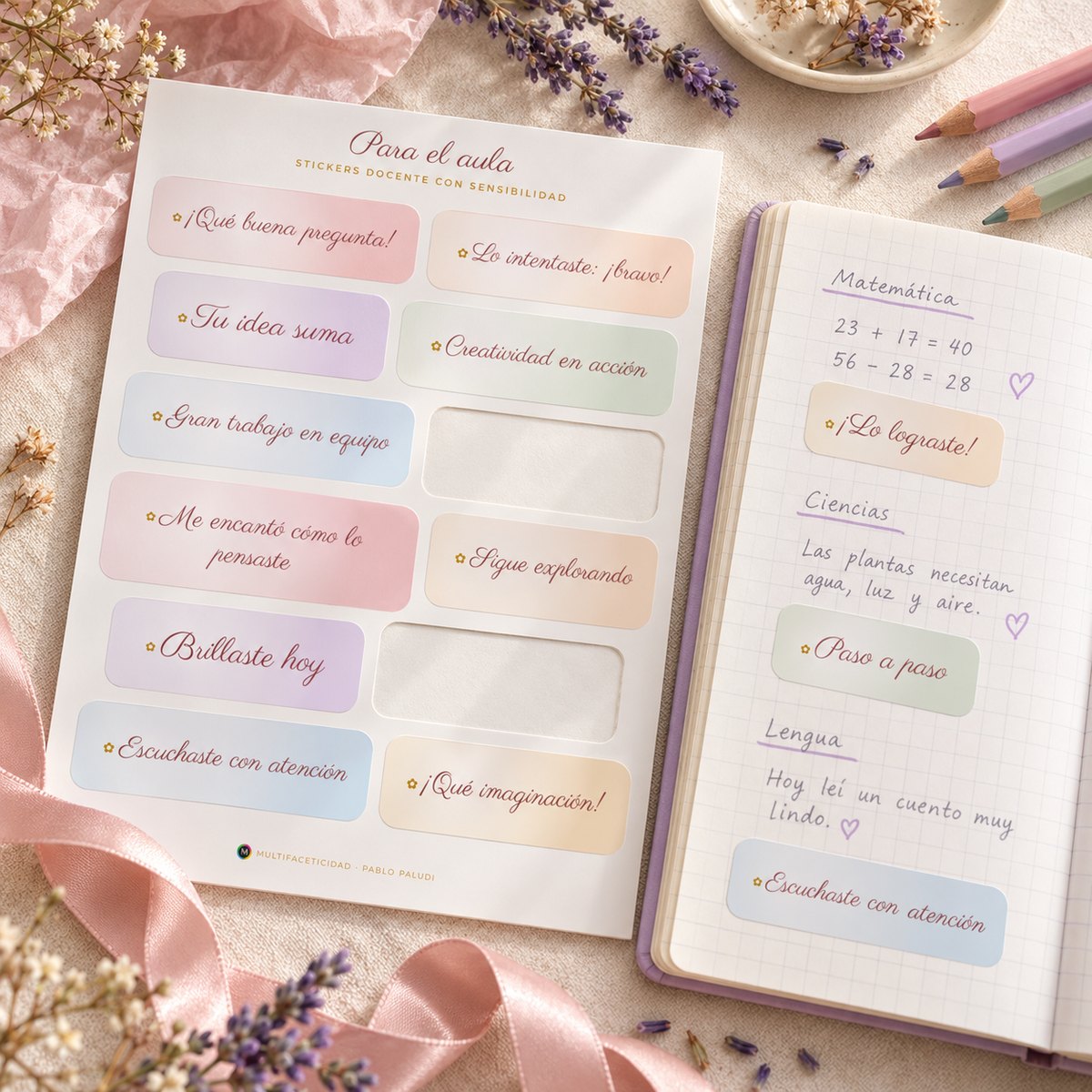 Plancha de stickers para el aula en un cuaderno