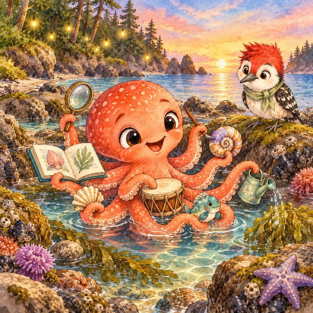 Ocho, el pulpo coral, con sus ocho brazos